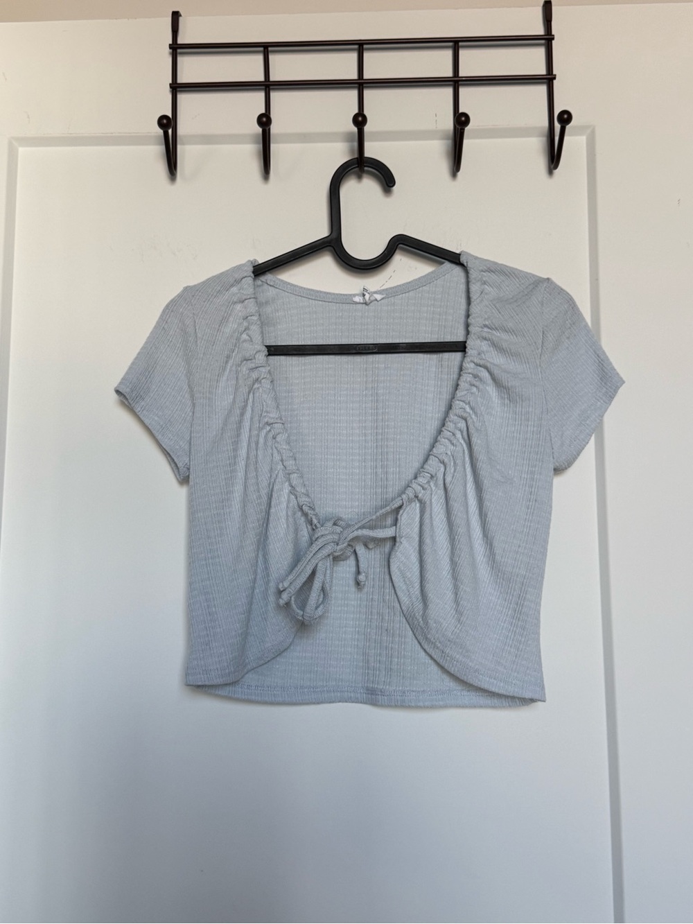 Light Blue Tie-Front Ribbed Crop Top